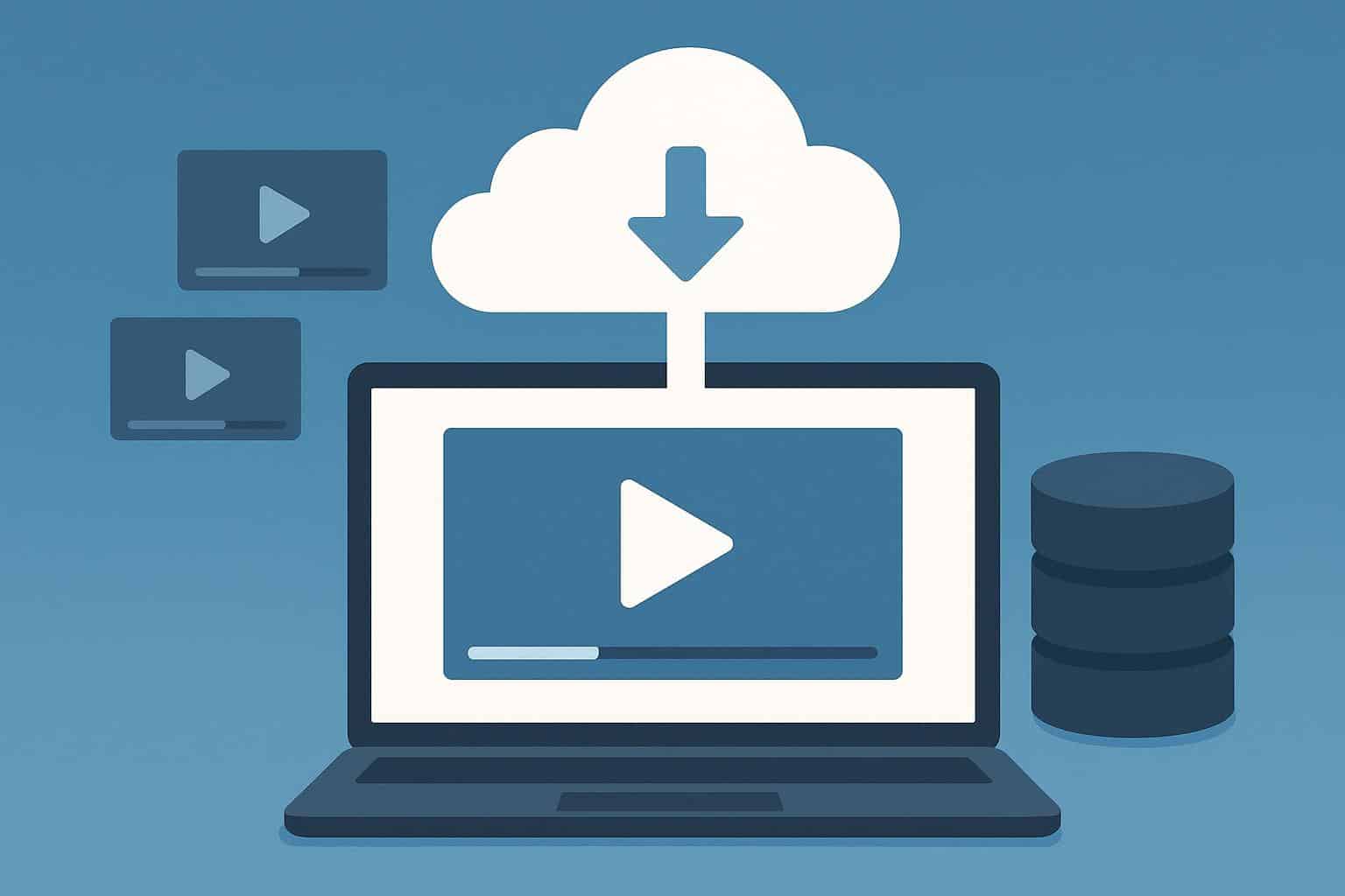 Laptop displaying video library with download icons, illustrating efficient video saving methods