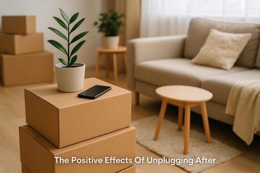 Living room with unpacked boxes and plants, promoting relaxation after a condo move