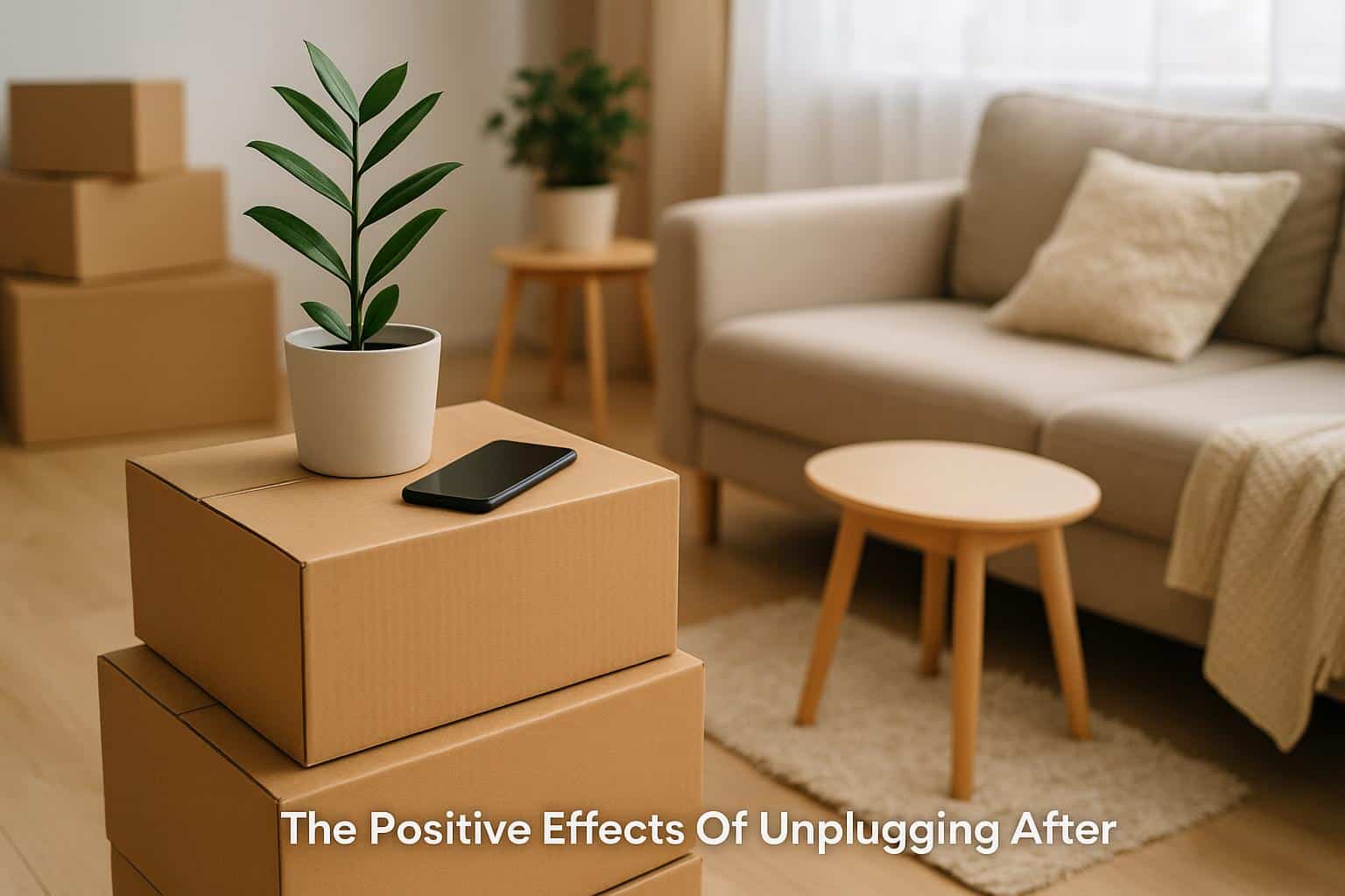 Living room with unpacked boxes and plants, promoting relaxation after a condo move
