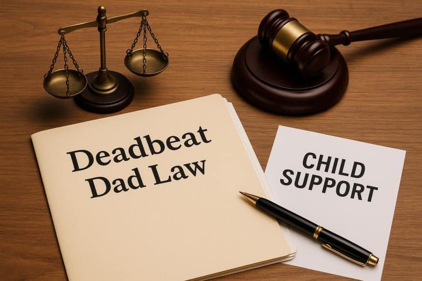 Court gavel, legal documents, and child support payment illustrating "Deadbeat Dad Law" enforcement