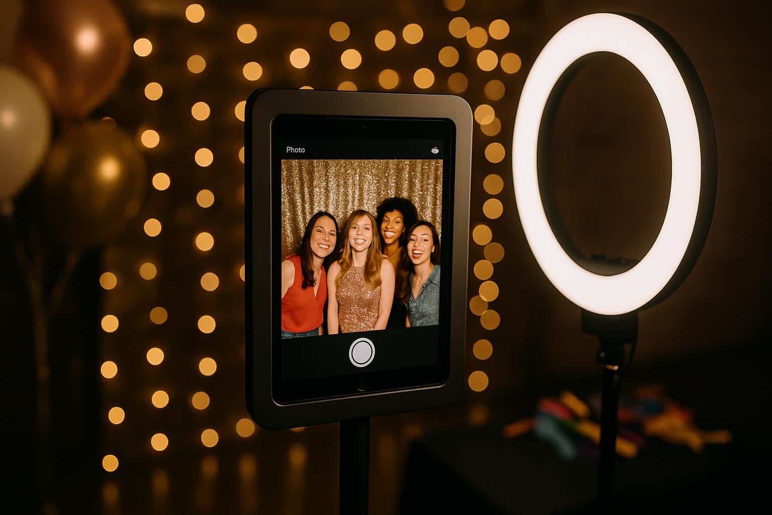 iPad photo booth setup at event capturing fun moments and engaging guests for social sharing