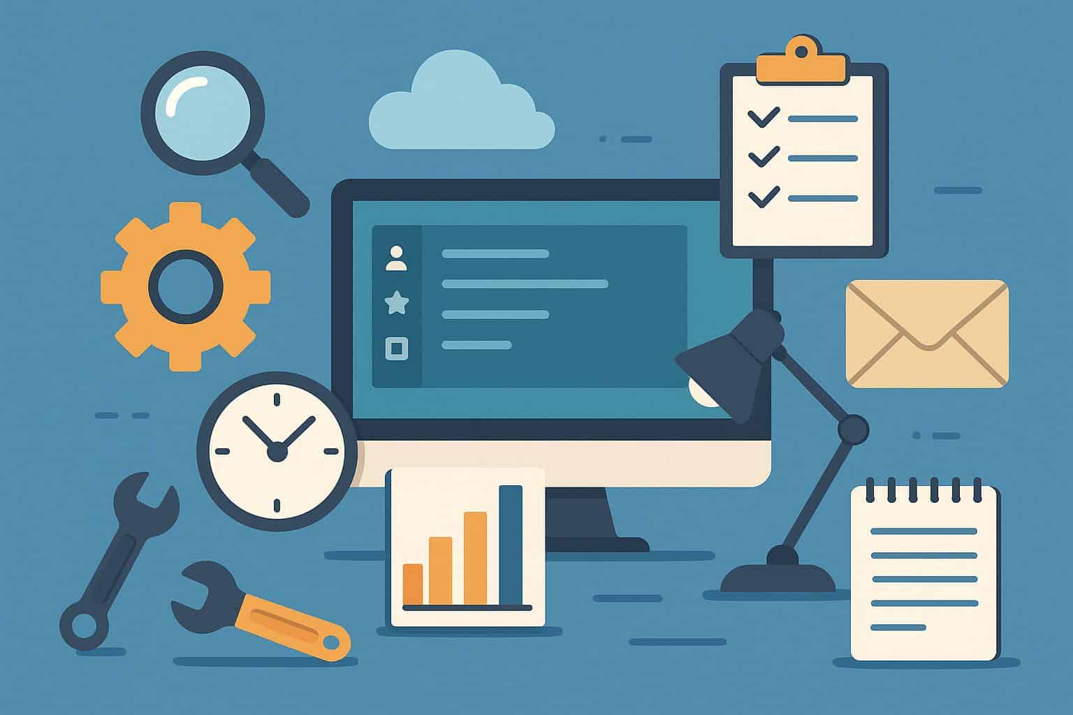 A selection of essential digital tools and software organized on a modern workspace desk