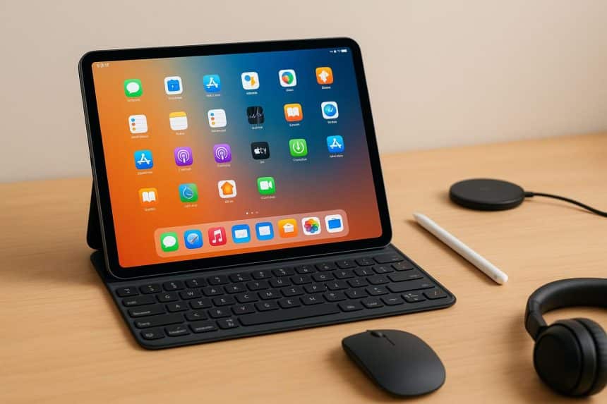 iPad with keyboard case, stylus, and productivity apps displayed on screen for freelancers