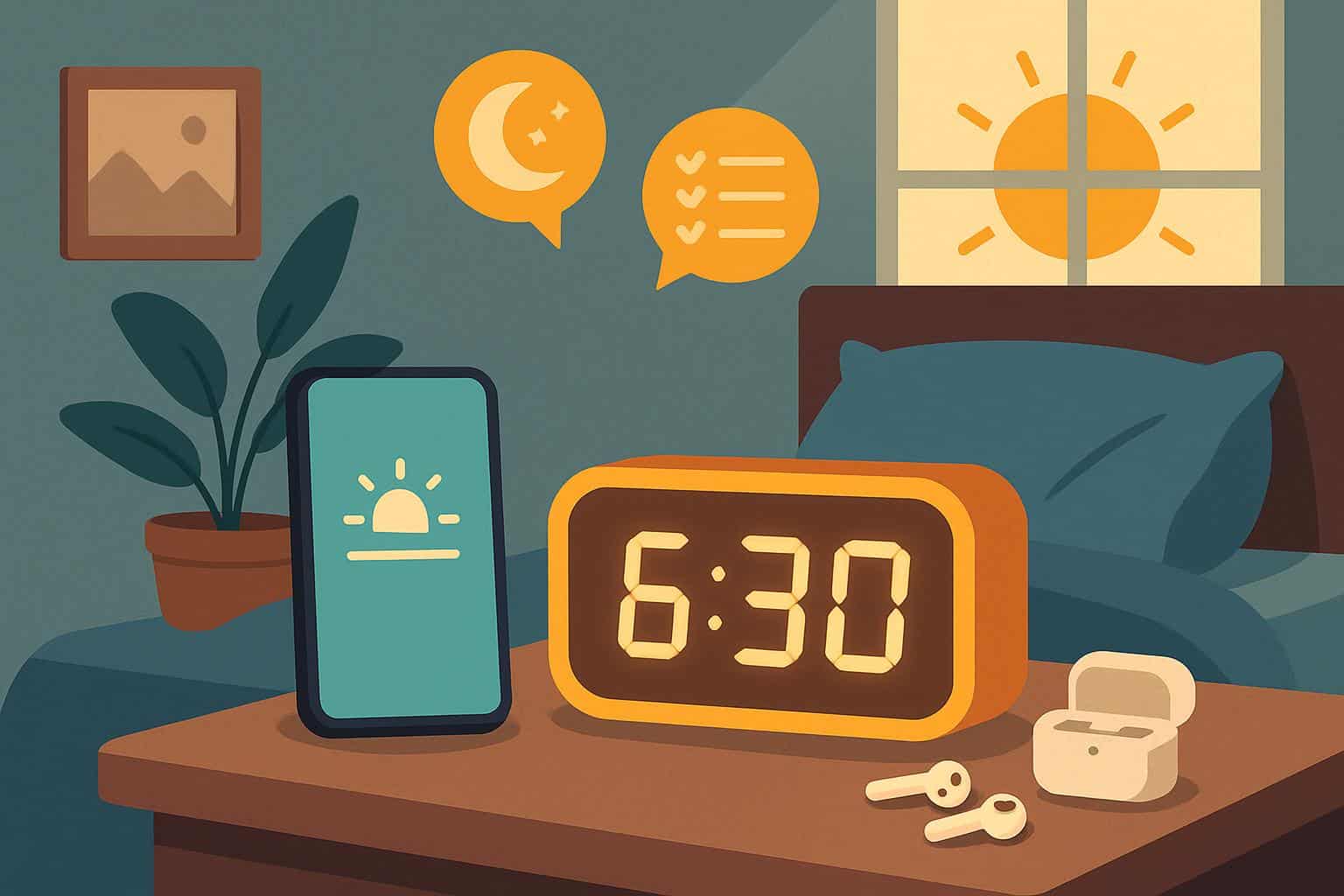 Modern gadgets on bedside table promoting better sleep and mood through smart technology tips