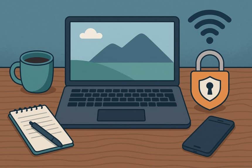 Laptop and secure cloud icons representing remote work benefits and company data protection