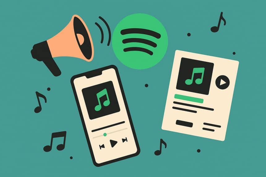 Musician uploading tracks and promoting songs on Spotify music streaming platform