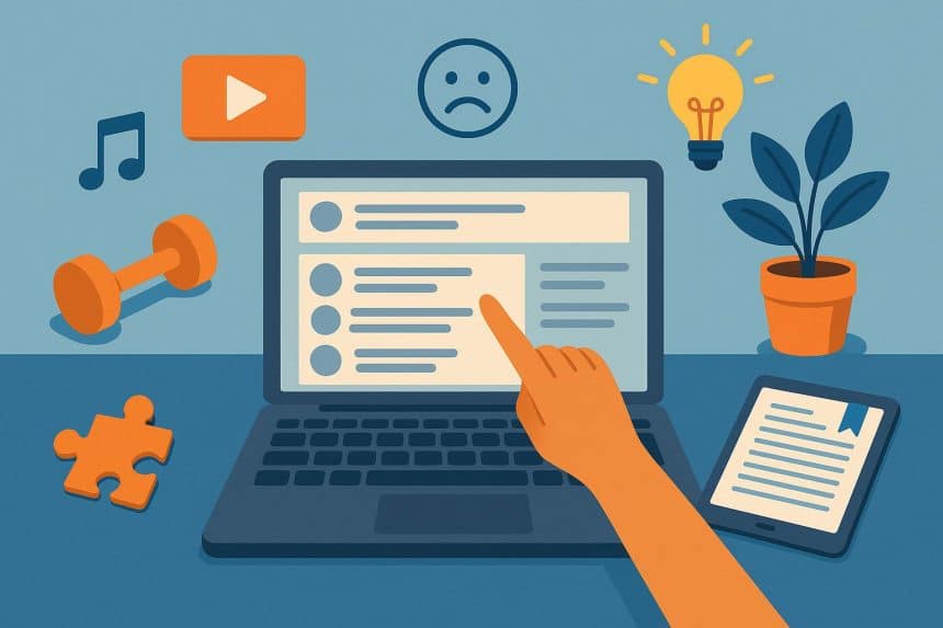 Person browsing uplifting educational content on a laptop instead of doomscrolling online