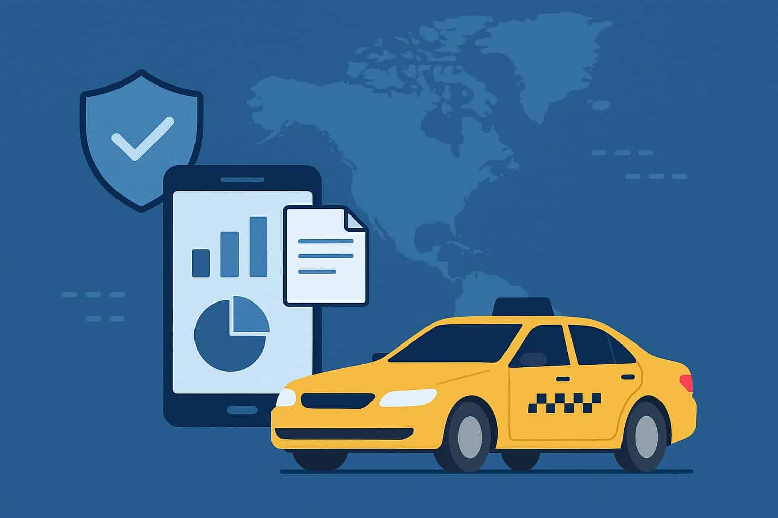 Modern taxi with digital meter and GPS navigation symbolizing tech and data compliance in North America