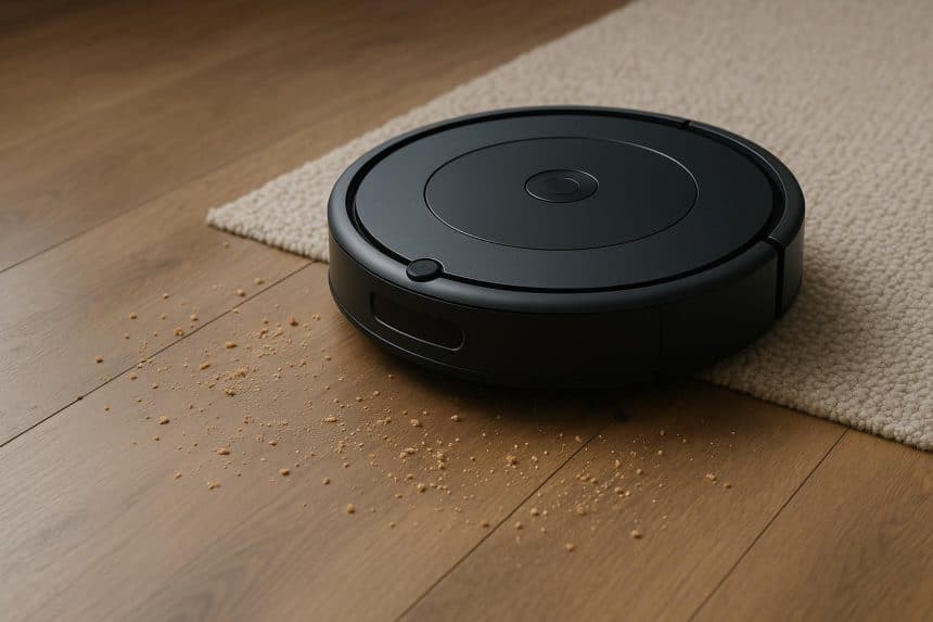 Robot vacuum cleaning hardwood floor in modern home, highlighting smart cleaning technology