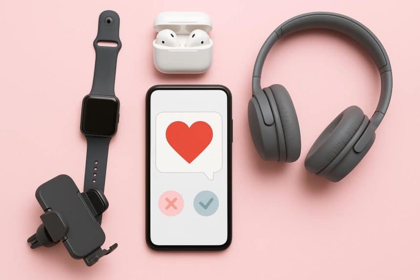 Smartphone with dating app icons and modern gadgets for online dating accessories on table