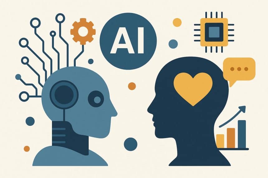 Illustration of AI tool integration in workflow with highlighted pros and cons for humanizing AI