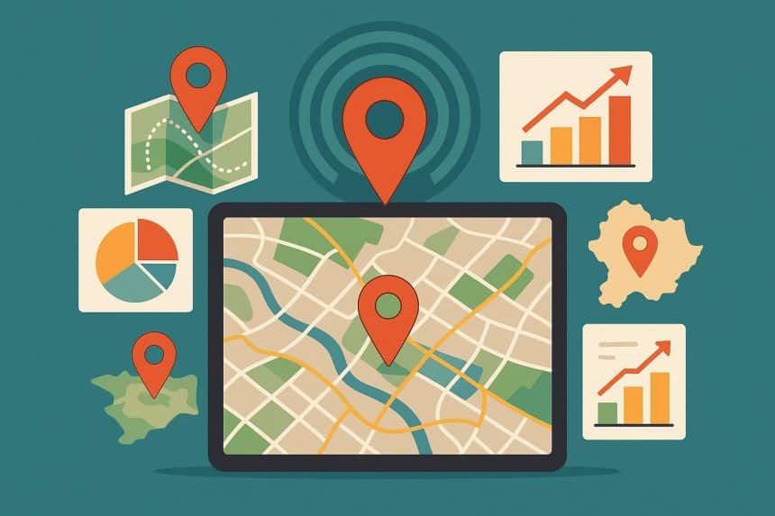 Map with highlighted regions and location pins illustrating geolocation data for regional marketing