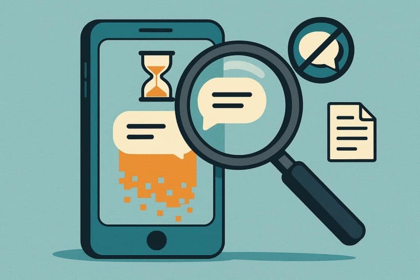 Digital chat bubbles and disappearing message icons representing ephemeral communication policies