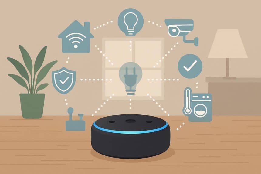 Modern living room with smart home devices, voice assistant, and connected appliances