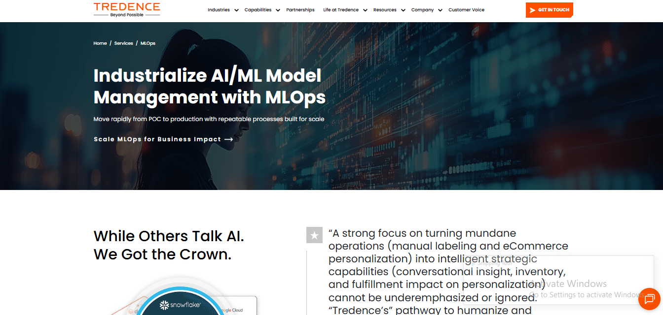 A screenshot of Tredence’s machine learning services page displaying data science solutions, platform details, and client outcome sections.