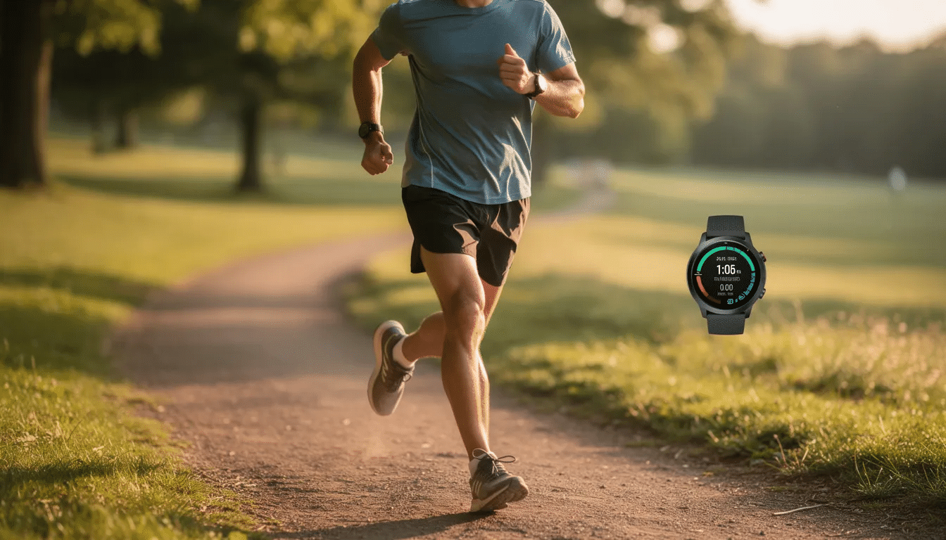 A person is jogging on a scenic trail, with a smartwatch on their wrist displaying workout metrics like heart rate and distance, highlighting their commitment to fitness goals and healthy habits. The smartwatch may be linked to fitness apps that assist in tracking physical activity and promoting weight loss through effective meal plans and calorie tracking.