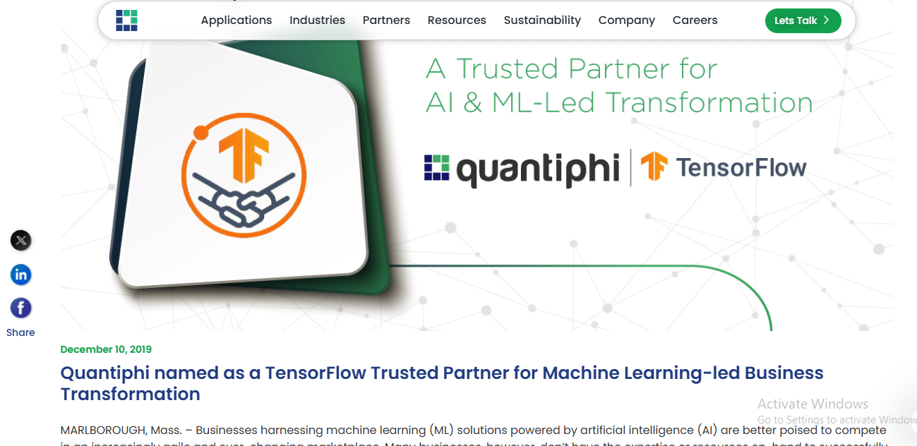 A screenshot of Quantiphi’s AI and machine learning page presenting service pillars, cloud partnerships, and examples of applied AI use cases.