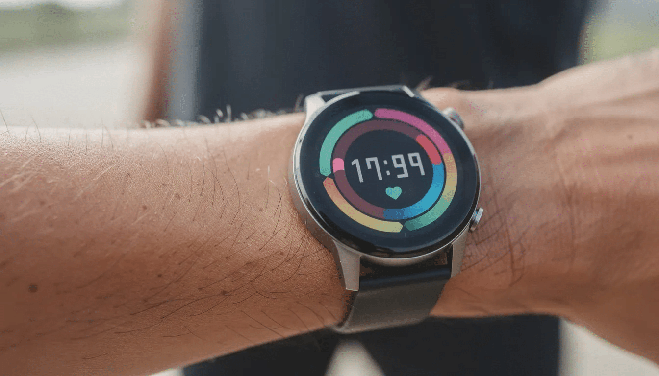 A close-up image of a smartwatch on a wrist displays colorful activity rings and heart rate data, highlighting features essential for tracking fitness goals, promoting weight loss, and managing overall health. This device serves as a tool for users to monitor their physical activity, sleep quality, and support their weight management journey through fitness apps.