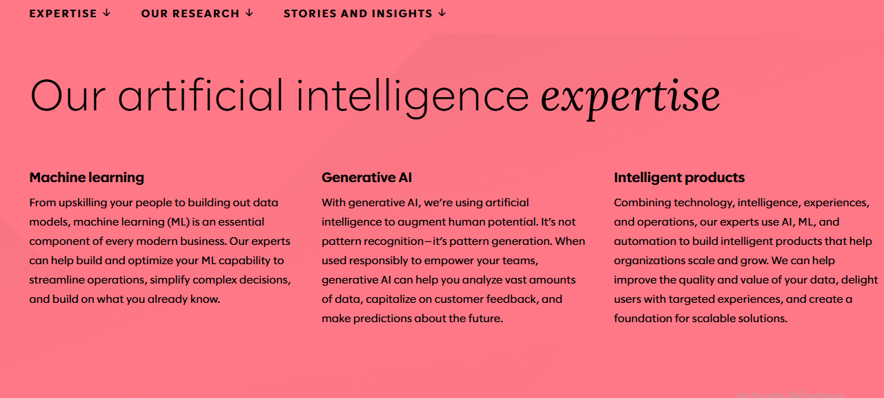 A screenshot of Slalom’s machine learning and data science page featuring solution areas, transformation programs, and innovation-focused content.
