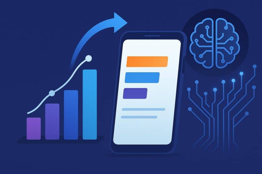 AI analyzing mobile market research data with graphs and charts on smartphone screens