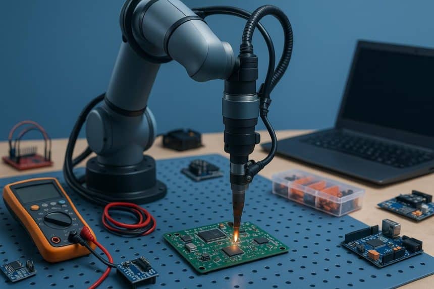 Robotic arms assembling electronic circuits in an automated hardware development lab