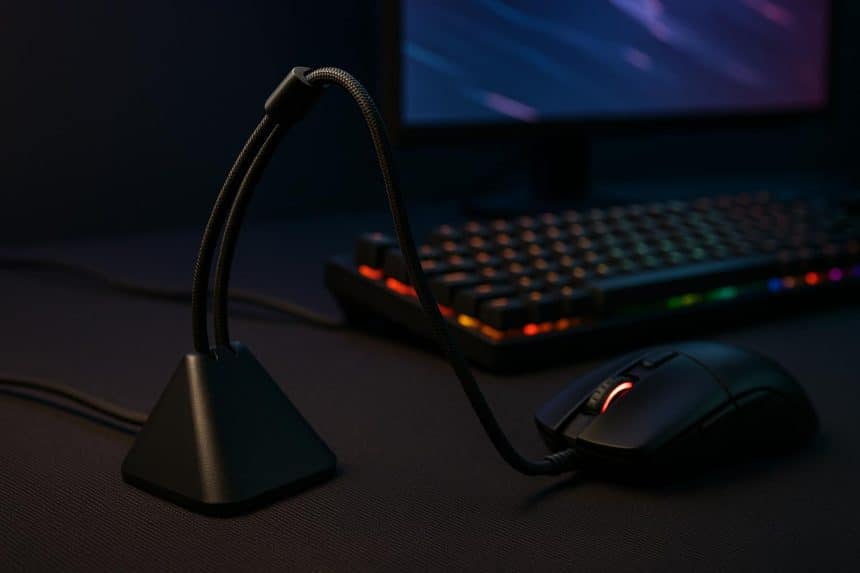 Gaming desk setup with a mouse bungee improving cable management and precision for gamers