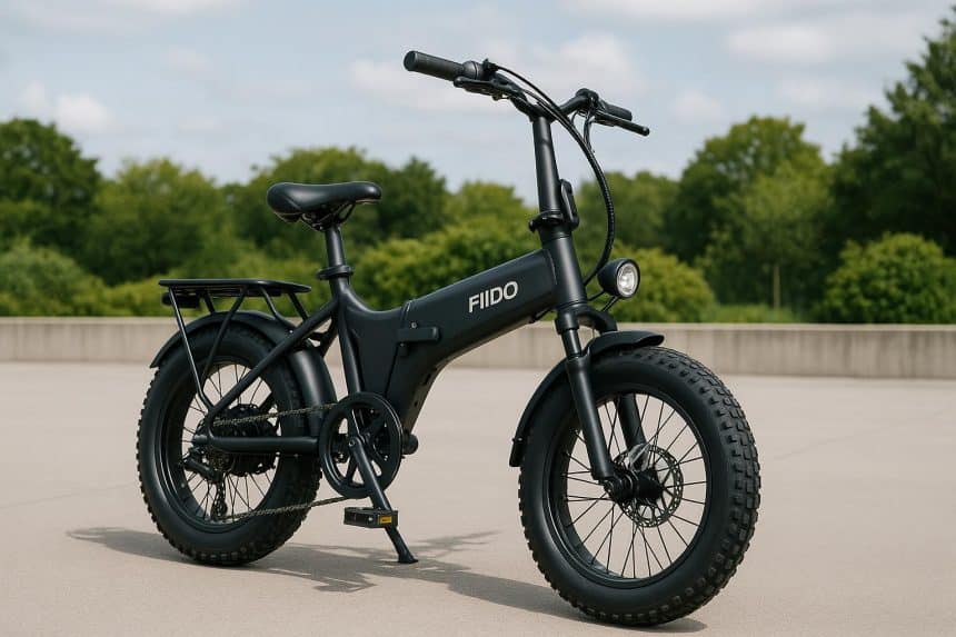 Electric bike with throttle feature parked outdoors, highlighting Fiido models and e-bike benefits