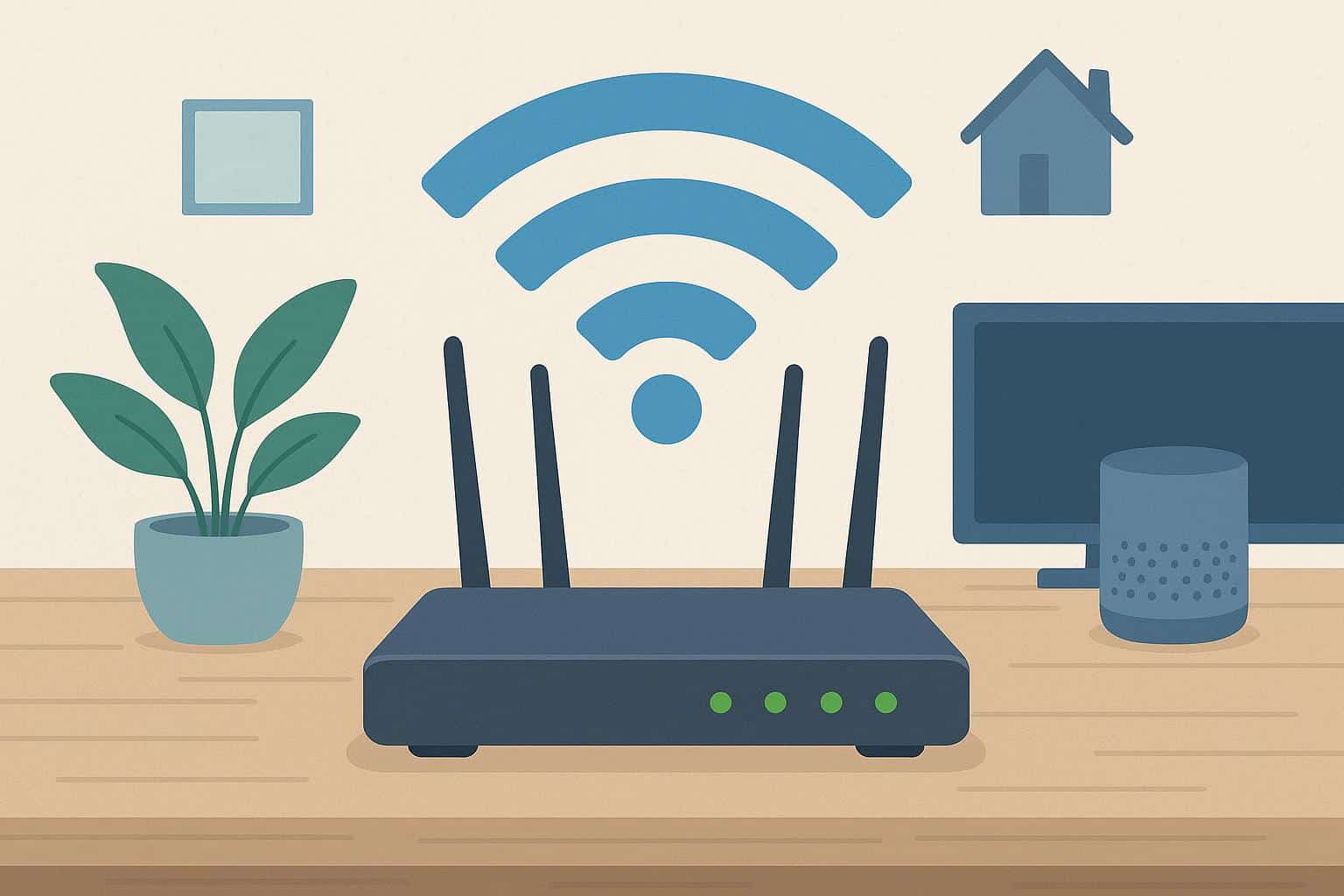 Wireless router with strong signal waves in a modern home setting, representing fast Wi-Fi performance