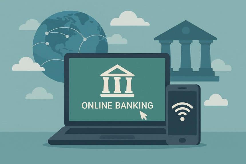 Online banking access from multiple devices, illustrating location-independent financial services