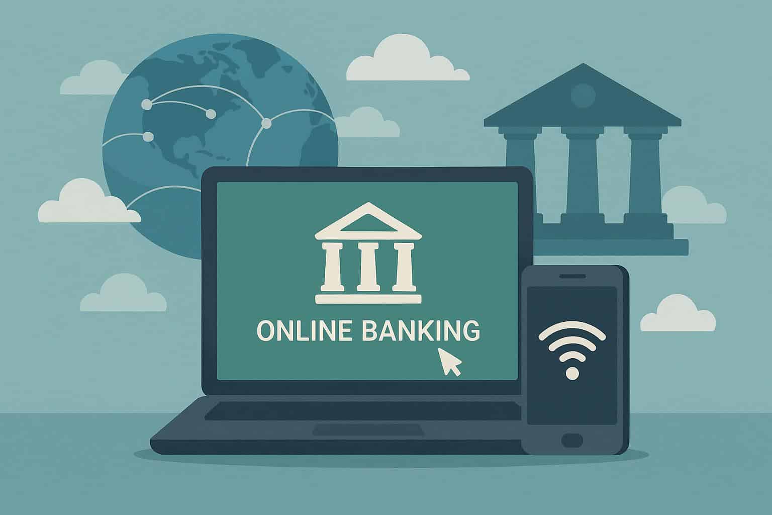 Online banking access from multiple devices, illustrating location-independent financial services