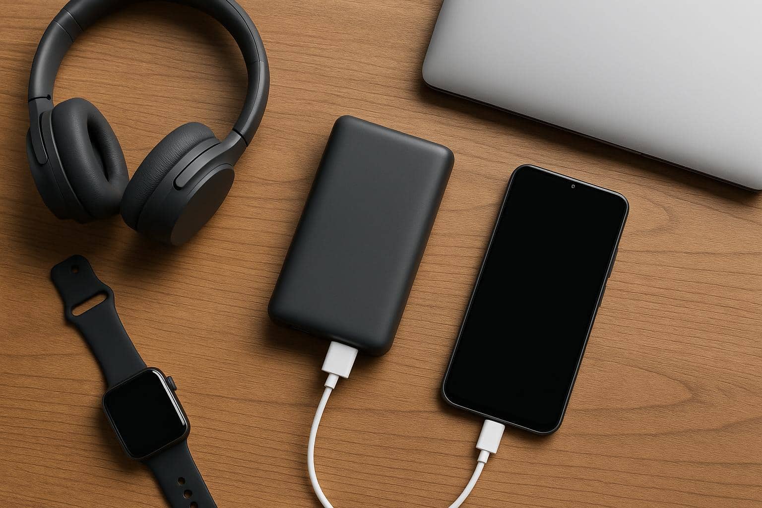 Assorted portable chargers displayed with smartphones, tablets, and laptops on a modern desk