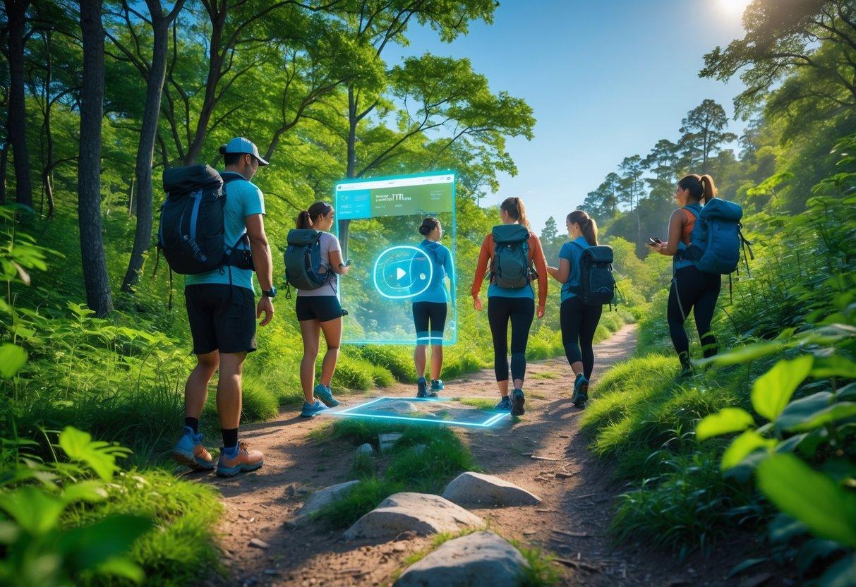 Hikers use wearables and AI-Driven Trail Analytics augmented reality map for guidance.