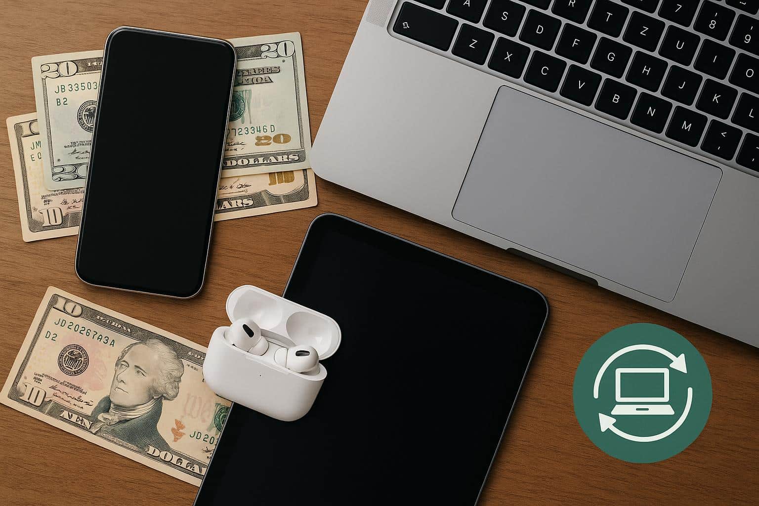 Used smartphones and laptops stacked for resale, symbolizing tech flipping for upgrade funds