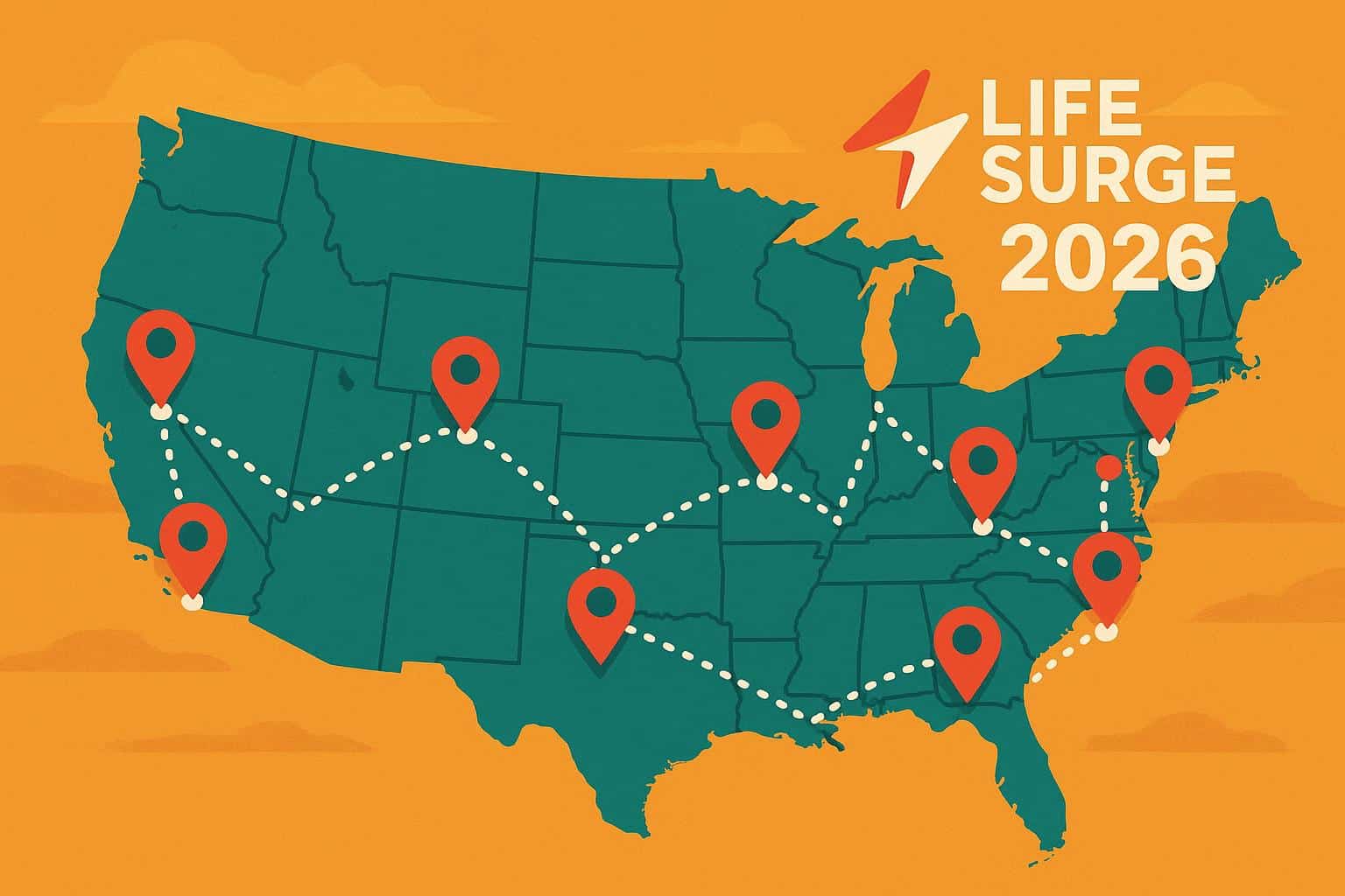 Life Surge 2026 tour map highlighting major US cities across east and west coasts