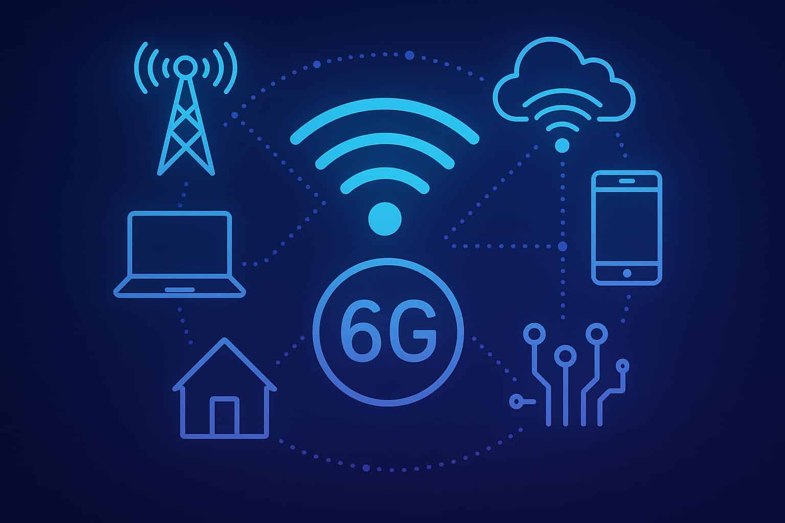 Wi-Fi symbol connecting to futuristic network nodes representing 6G technology advancements