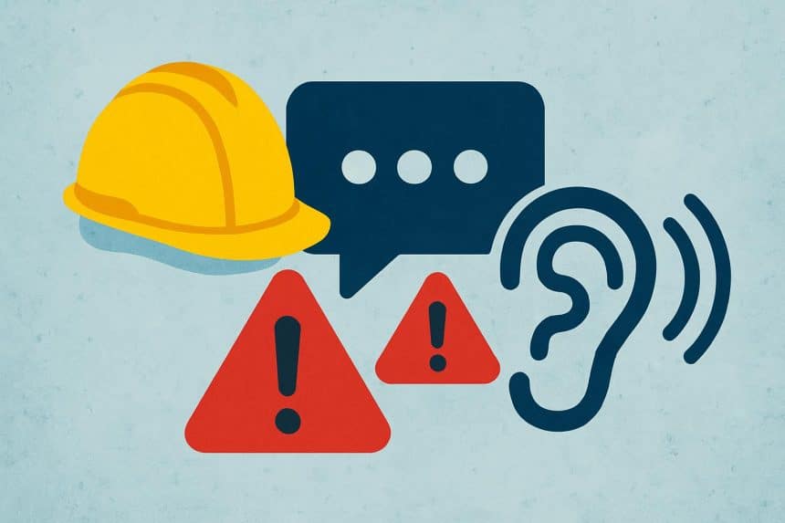 Safety manager holding checklist during workplace safety meeting with attentive workers