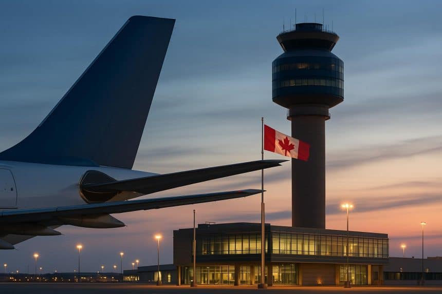 Modern airplane with Canadian flag tail, symbolizing aerospace translation in Canadian aviation